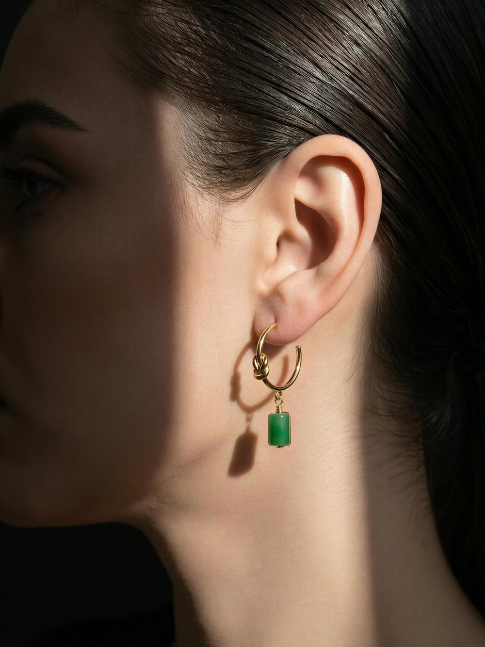 Gold Hoop Earrings with Green Jade Drop - Women Jewelry